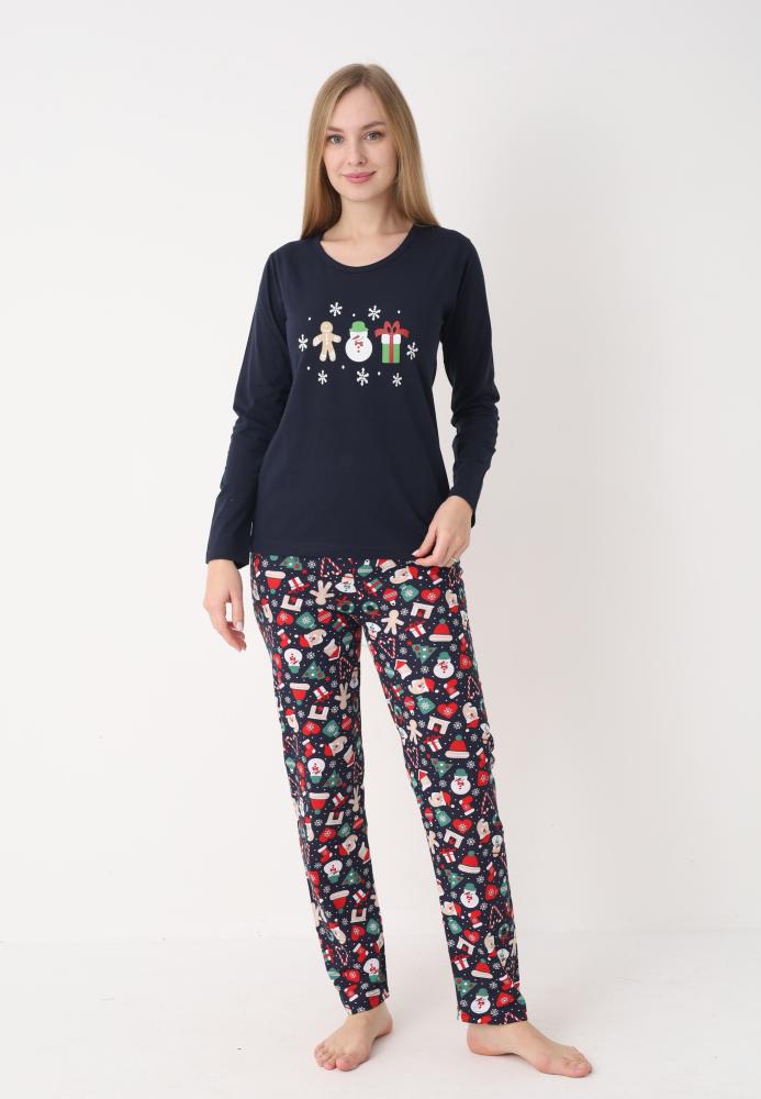 Pijama dama Craciun,maneca lunga si pantaloni lungi,imprimeu figurine festive, En-gros